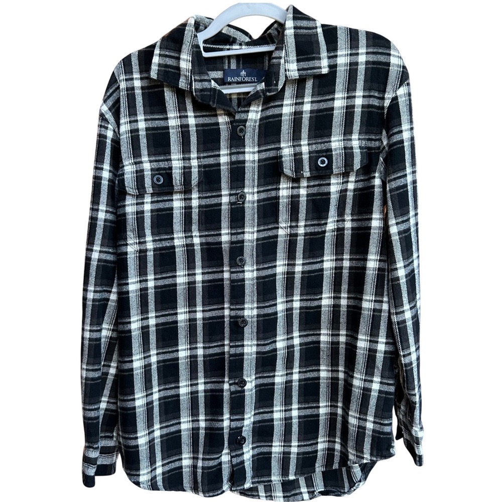Rainforest‎ Flannel Shirt Plaid Button Down Workwear Outdoor Black White Medium